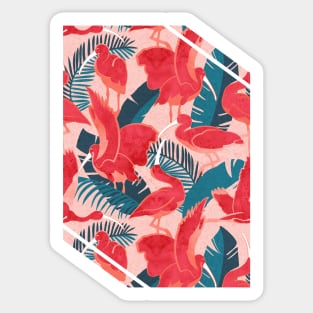 Luxurious Scarlet Ibis // pink background teal vegetation metal rose and red guará large birds Sticker